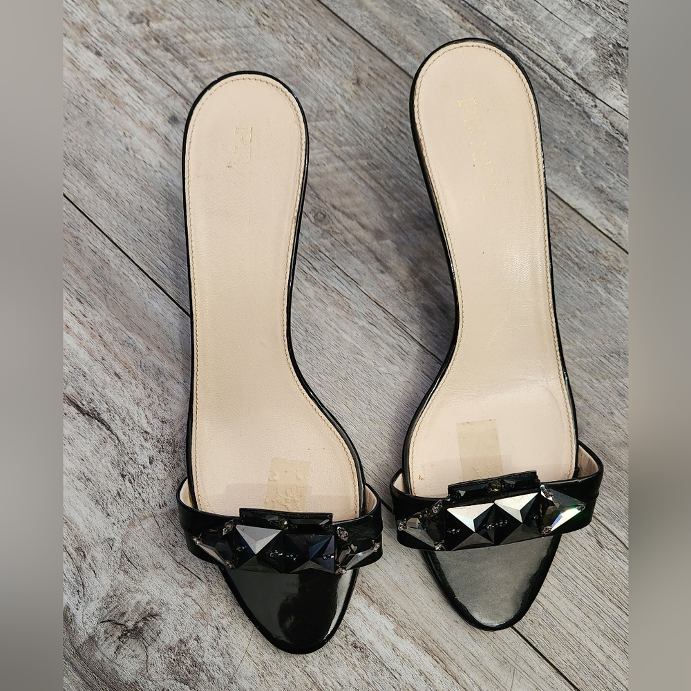 Prada Women's Embellished Black Patent Leather High Heel Mules Slip-On Shoes